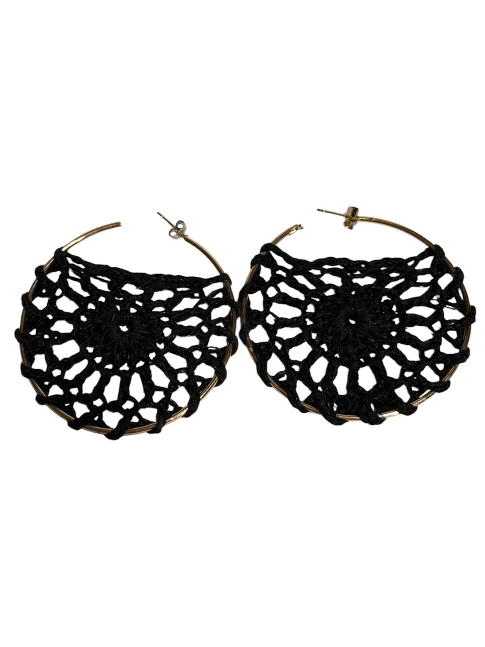 Black Crochet Hoop Earrings Whimsigoth Gothic Gold Tone